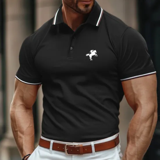 OUKU Men's Polo Shirt Golf Shirt Casual Holiday Lapel Short Sleeve Fashion Basic Color Block Horse Patchwork Embroidery Summer Regular Fit Black Burgundy Green Polo Shirt