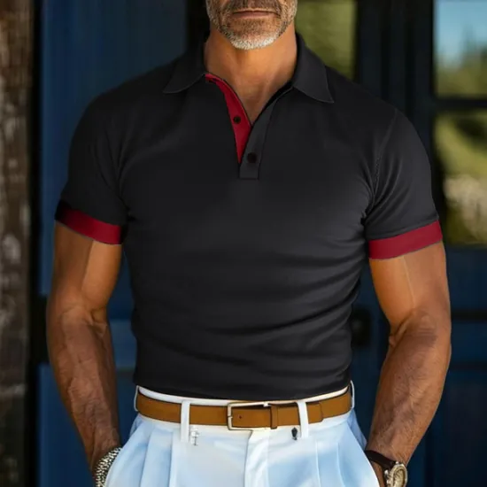 Clearance OUKU Men's Polo Shirt Golf Shirt Work Casual Lapel Ribbed Polo Collar Short Sleeve Basic Modern Color Block Button Spring & Summer Regular Fit Black Turquoise Yellow Navy Blue Royal Blue Polo Shirt