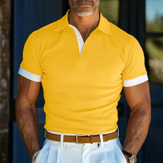 Clearance OUKU Men's Polo Shirt Golf Shirt Work Casual Lapel Ribbed Polo Collar Short Sleeve Basic Modern Color Block Button Spring & Summer Regular Fit Black Turquoise Yellow Navy Blue Royal Blue Polo Shirt