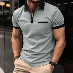 New OUKU Men's Polo Shirt Golf Shirt Casual Holiday Lapel Quarter Zip Short Sleeve Fashion Basic Plain Quarter Zip Summer Regular Fit Black White Red Dark Navy Blue Green Polo Shirt