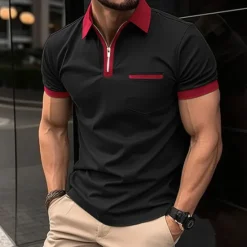 New OUKU Men's Polo Shirt Golf Shirt Casual Holiday Lapel Quarter Zip Short Sleeve Fashion Basic Plain Quarter Zip Summer Regular Fit Black White Red Dark Navy Blue Green Polo Shirt