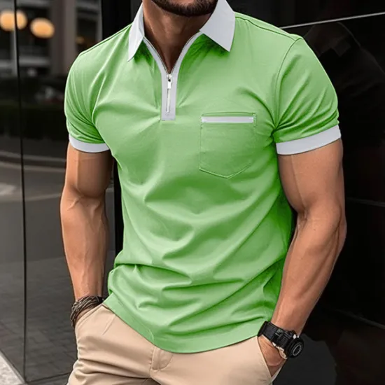 New OUKU Men's Polo Shirt Golf Shirt Casual Holiday Lapel Quarter Zip Short Sleeve Fashion Basic Plain Quarter Zip Summer Regular Fit Black White Red Dark Navy Blue Green Polo Shirt