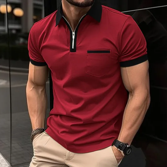 New OUKU Men's Polo Shirt Golf Shirt Casual Holiday Lapel Quarter Zip Short Sleeve Fashion Basic Plain Quarter Zip Summer Regular Fit Black White Red Dark Navy Blue Green Polo Shirt