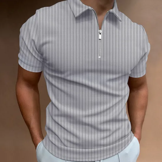 Online OUKU Men's Polo Shirt Golf Shirt Casual Going out Quarter Zip Short Sleeve Sports Designer Striped Solid Colored Zipper Summer Slim Black White Navy Blue Khaki Light Blue Gray Polo Shirt