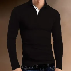 Outlet OUKU Men's Polo Shirt Golf Shirt Street Casual Polo Collar Classic Long Sleeve Fashion Casual Solid Colored Button Front Button-Down Spring & Summer Regular Fit Black Red Blue Dark Gray Gray Polo Shirt