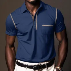 Hot OUKU Men's Polo Shirt Golf Shirt Work Casual Lapel Ribbed Polo Collar Short Sleeve Basic Modern Color Block Patchwork Button Spring & Summer Regular Fit Dark Gray Black White Burgundy Navy Blue Blue Polo