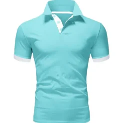 OUKU Men's Polo Shirt Golf Shirt Street Casual Polo Collar Classic Short Sleeve Fashion Designer Color Block Patchwork Button Front Spring & Summer Regular Fit Lake blue Black White Yellow Pink Blue Polo