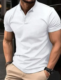 Discount OUKU Men's Polo Shirt Golf Shirt Casual Holiday Henley Short Sleeve Fashion Basic Plain Classic Summer Regular Fit Black White Wine Army Green khaki Polo Shirt