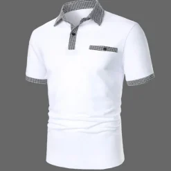 OUKU Men's Polo Shirt Golf Shirt Date Vacation Lapel Button Short Sleeves Fashion Plaid / Striped / Chevron / Round Solid / Plain Color Summer Dry-Fit Black White Navy Blue Sky Blue Polo Shirt