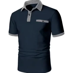 OUKU Men's Polo Shirt Golf Shirt Date Vacation Lapel Button Short Sleeves Fashion Plaid / Striped / Chevron / Round Solid / Plain Color Summer Dry-Fit Black White Navy Blue Sky Blue Polo Shirt