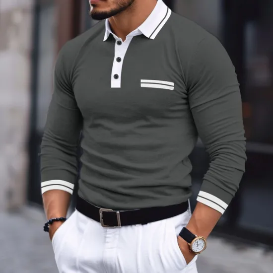 Outlet OUKU Men's Polo Shirt Golf Shirt Casual Holiday Lapel Long Sleeve Fashion Basic Color Block Patchwork Summer Regular Fit Dark Grey Burgundy Navy Blue Light Grey Polo Shirt