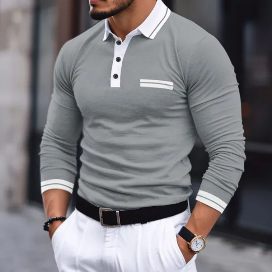 Outlet OUKU Men's Polo Shirt Golf Shirt Casual Holiday Lapel Long Sleeve Fashion Basic Color Block Patchwork Summer Regular Fit Dark Grey Burgundy Navy Blue Light Grey Polo Shirt