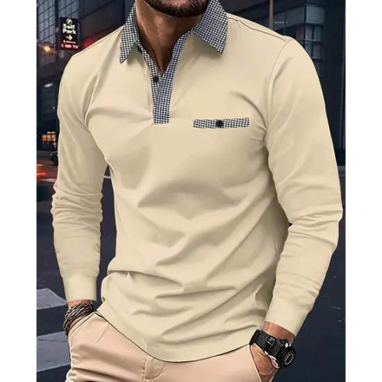 Sale OUKU Men's Polo Shirt Golf Shirt Casual Sports Lapel Long Sleeve Fashion Basic Color Block Houndstooth Patchwork Button Spring & Fall Regular Fit White Red Navy Blue Khaki Light Blue Polo Shirt