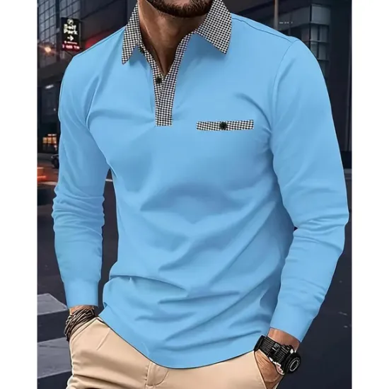 Sale OUKU Men's Polo Shirt Golf Shirt Casual Sports Lapel Long Sleeve Fashion Basic Color Block Houndstooth Patchwork Button Spring & Fall Regular Fit White Red Navy Blue Khaki Light Blue Polo Shirt