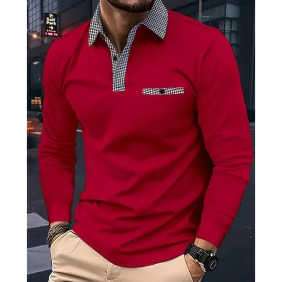 Sale OUKU Men's Polo Shirt Golf Shirt Casual Sports Lapel Long Sleeve Fashion Basic Color Block Houndstooth Patchwork Button Spring & Fall Regular Fit White Red Navy Blue Khaki Light Blue Polo Shirt