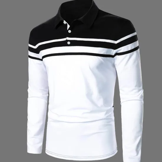 OUKU Men's Polo Shirt Golf Shirt Casual Holiday Lapel Classic Long Sleeve Fashion Basic Color Block Button Summer Regular Fit Navy Black Red Dark Navy Polo Shirt