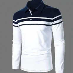 OUKU Men's Polo Shirt Golf Shirt Casual Holiday Lapel Classic Long Sleeve Fashion Basic Color Block Button Summer Regular Fit Navy Black Red Dark Navy Polo Shirt