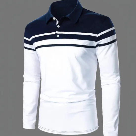 OUKU Men's Polo Shirt Golf Shirt Casual Holiday Lapel Classic Long Sleeve Fashion Basic Color Block Button Summer Regular Fit Navy Black Red Dark Navy Polo Shirt