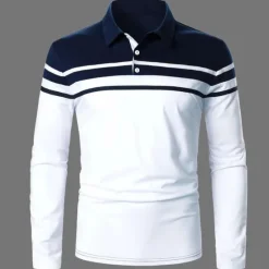 OUKU Men's Polo Shirt Golf Shirt Casual Holiday Lapel Classic Long Sleeve Fashion Basic Color Block Button Summer Regular Fit Navy Black Red Dark Navy Polo Shirt