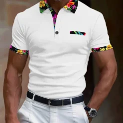 OUKU Men's Polo Shirt Golf Shirt Work Casual Lapel Classic Short Sleeve Basic Modern Floral Color Block Patchwork Button Spring & Summer Regular Fit Black White Orange Green Polo Shirt