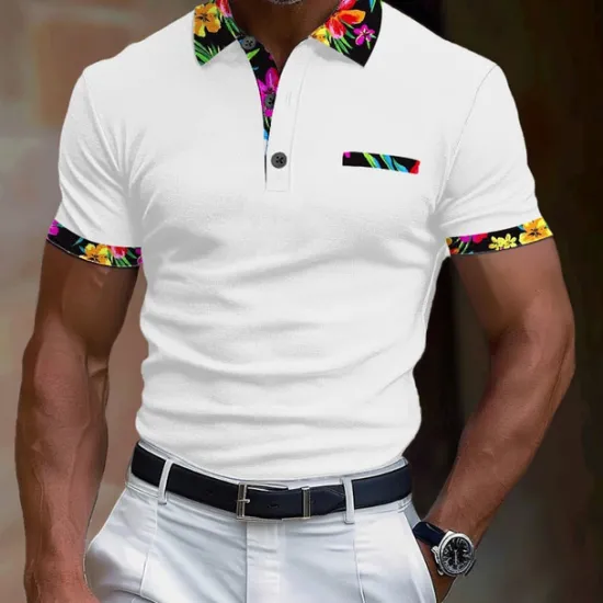 OUKU Men's Polo Shirt Golf Shirt Work Casual Lapel Classic Short Sleeve Basic Modern Floral Color Block Patchwork Button Spring & Summer Regular Fit Black White Orange Green Polo Shirt
