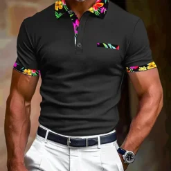 OUKU Men's Polo Shirt Golf Shirt Work Casual Lapel Classic Short Sleeve Basic Modern Floral Color Block Patchwork Button Spring & Summer Regular Fit Black White Orange Green Polo Shirt