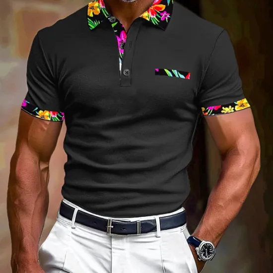 OUKU Men's Polo Shirt Golf Shirt Work Casual Lapel Classic Short Sleeve Basic Modern Floral Color Block Patchwork Button Spring & Summer Regular Fit Black White Orange Green Polo Shirt