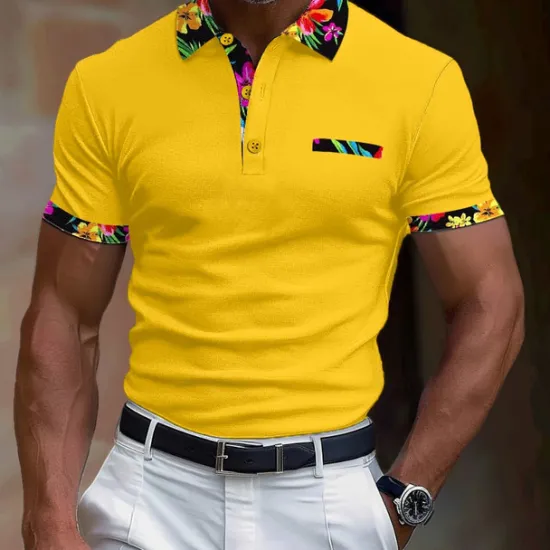 OUKU Men's Polo Shirt Golf Shirt Work Casual Lapel Classic Short Sleeve Basic Modern Floral Color Block Patchwork Button Spring & Summer Regular Fit Black White Orange Green Polo Shirt
