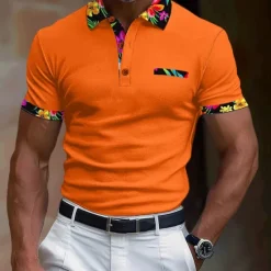 OUKU Men's Polo Shirt Golf Shirt Work Casual Lapel Classic Short Sleeve Basic Modern Floral Color Block Patchwork Button Spring & Summer Regular Fit Black White Orange Green Polo Shirt