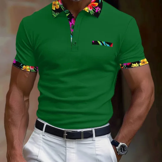 OUKU Men's Polo Shirt Golf Shirt Work Casual Lapel Classic Short Sleeve Basic Modern Floral Color Block Patchwork Button Spring & Summer Regular Fit Black White Orange Green Polo Shirt