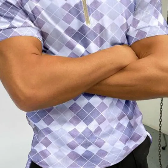 Clearance OUKU Men's Polo Shirt Golf Shirt Casual Daily Turndown Quarter Zip Short Sleeve Sports Fashion Argyle Zipper Quarter Zip Spring & Summer Regular Fit Sky Blue Light Purple Light Grey Polo Shirt