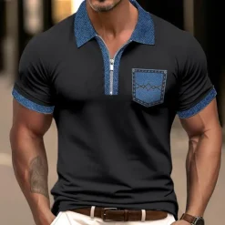 Sale OUKU Men's Polo Shirt Golf Shirt Casual Holiday Lapel Quarter Zip Short Sleeve Fashion Basic Color Block Quarter Zip Summer Regular Fit Light Blue Black White Khaki Light Grey Polo Shirt