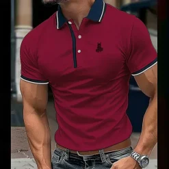 Clearance OUKU Men's Polo Shirt Golf Shirt Casual Holiday Lapel Short Sleeve Fashion Basic Color Block Patchwork Summer Regular Fit Navy-blue milk white Dark Red Polo Shirt