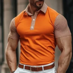 OUKU Men's Polo Shirt Golf Shirt Casual Holiday Lapel Short Sleeve Fashion Basic Color Block Houndstooth Patchwork Summer Regular Fit Polo Shirt Orange