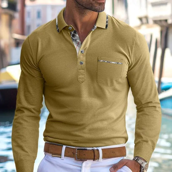 Discount OUKU Men's Polo Shirt Golf Shirt Work Casual Lapel Ribbed Polo Collar Short Sleeve Basic Modern Color Block Patchwork Button Spring & Summer Regular Fit Light Yellow Light Blue Lake blue Violet Ruby Red