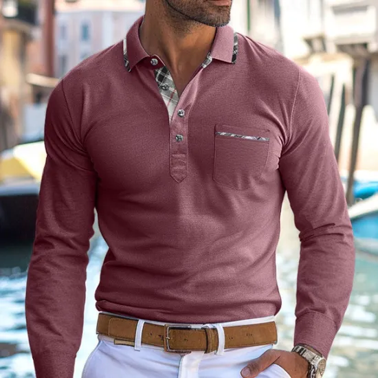 Discount OUKU Men's Polo Shirt Golf Shirt Work Casual Lapel Ribbed Polo Collar Short Sleeve Basic Modern Color Block Patchwork Button Spring & Summer Regular Fit Light Yellow Light Blue Lake blue Violet Ruby Red