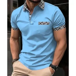 Best OUKU Men's Polo Shirt Golf Shirt Casual Holiday Lapel Short Sleeve Fashion Basic Plaid Color Block Patchwork Pocket Summer Regular Fit Light Blue White Orange Khaki Polo Shirt