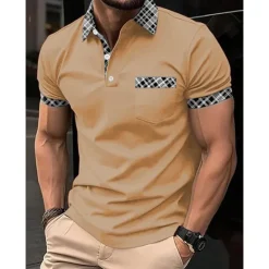 Best OUKU Men's Polo Shirt Golf Shirt Casual Holiday Lapel Short Sleeve Fashion Basic Plaid Color Block Patchwork Pocket Summer Regular Fit Light Blue White Orange Khaki Polo Shirt