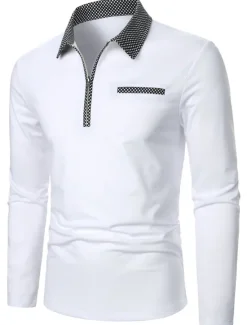 Hot OUKU Men's Polo Shirt Quarter Zip Polo Work Daily Wear Lapel Long Sleeve Fashion Comfortable Color Block Pocket Zip Up Summer Spring Regular Fit Polo Shirt White