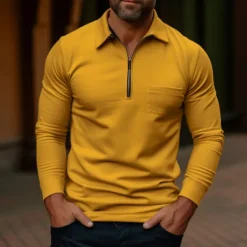 Outlet OUKU Men's Polo Shirt Quarter Zip Polo Work Daily Wear Lapel Long Sleeve Fashion Comfortable Plain Pocket Zip Up Summer Spring Regular Fit Yellow Navy Blue Dark Grey Army Green Polo Shirt