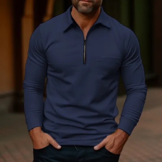 Outlet OUKU Men's Polo Shirt Quarter Zip Polo Work Daily Wear Lapel Long Sleeve Fashion Comfortable Plain Pocket Zip Up Summer Spring Regular Fit Yellow Navy Blue Dark Grey Army Green Polo Shirt