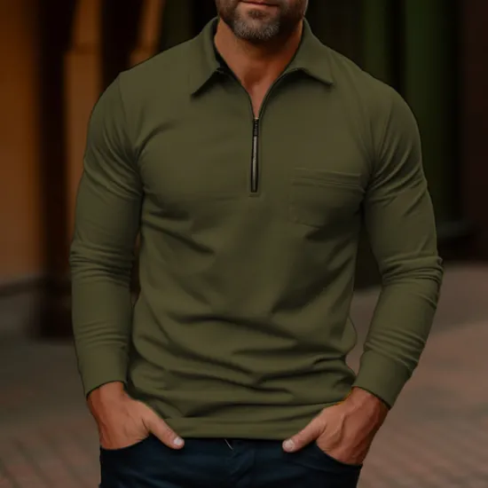 Outlet OUKU Men's Polo Shirt Quarter Zip Polo Work Daily Wear Lapel Long Sleeve Fashion Comfortable Plain Pocket Zip Up Summer Spring Regular Fit Yellow Navy Blue Dark Grey Army Green Polo Shirt