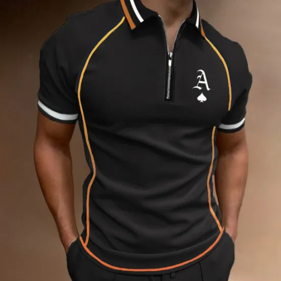 Sale OUKU Men's Polo Shirt Quarter Zip Polo Street Casual Turndown Quarter Zip Short Sleeve Fashion Casual Letter Zipper Quarter Zip Spring & Summer Regular Fit Black Army Green Blue Gray Polo Shirt