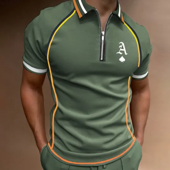 Sale OUKU Men's Polo Shirt Quarter Zip Polo Street Casual Turndown Quarter Zip Short Sleeve Fashion Casual Letter Zipper Quarter Zip Spring & Summer Regular Fit Black Army Green Blue Gray Polo Shirt