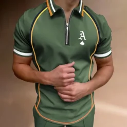 Sale OUKU Men's Polo Shirt Quarter Zip Polo Street Casual Turndown Quarter Zip Short Sleeve Fashion Casual Letter Zipper Quarter Zip Spring & Summer Regular Fit Black Army Green Blue Gray Polo Shirt