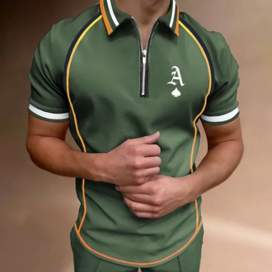 Sale OUKU Men's Polo Shirt Quarter Zip Polo Street Casual Turndown Quarter Zip Short Sleeve Fashion Casual Letter Zipper Quarter Zip Spring & Summer Regular Fit Black Army Green Blue Gray Polo Shirt