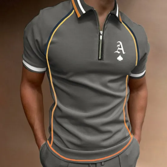 Sale OUKU Men's Polo Shirt Quarter Zip Polo Street Casual Turndown Quarter Zip Short Sleeve Fashion Casual Letter Zipper Quarter Zip Spring & Summer Regular Fit Black Army Green Blue Gray Polo Shirt