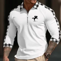 Best OUKU Men's Polo Shirt Quarter Zip Polo Daily Wear Vacation Lapel Long Sleeve Fashion Comfortable Plaid Color Block Embroidery Zip Up Spring & Fall Regular Fit White Yellow Navy Blue Blue Polo Shirt