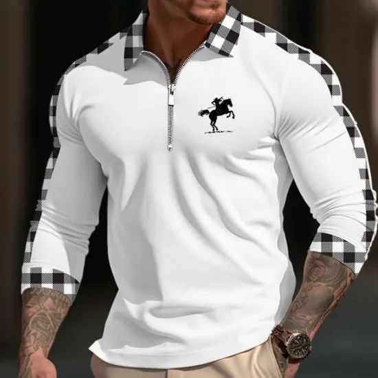Best OUKU Men's Polo Shirt Quarter Zip Polo Daily Wear Vacation Lapel Long Sleeve Fashion Comfortable Plaid Color Block Embroidery Zip Up Spring & Fall Regular Fit White Yellow Navy Blue Blue Polo Shirt
