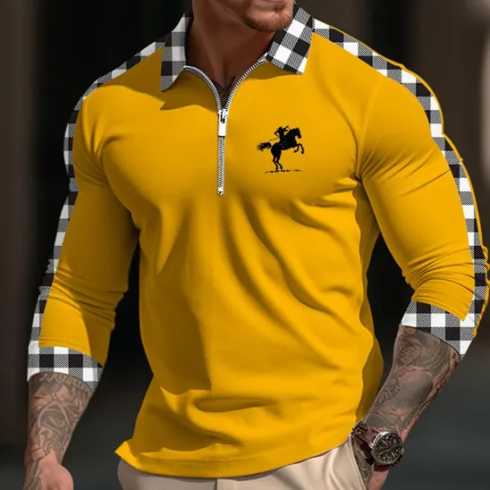 Best OUKU Men's Polo Shirt Quarter Zip Polo Daily Wear Vacation Lapel Long Sleeve Fashion Comfortable Plaid Color Block Embroidery Zip Up Spring & Fall Regular Fit White Yellow Navy Blue Blue Polo Shirt